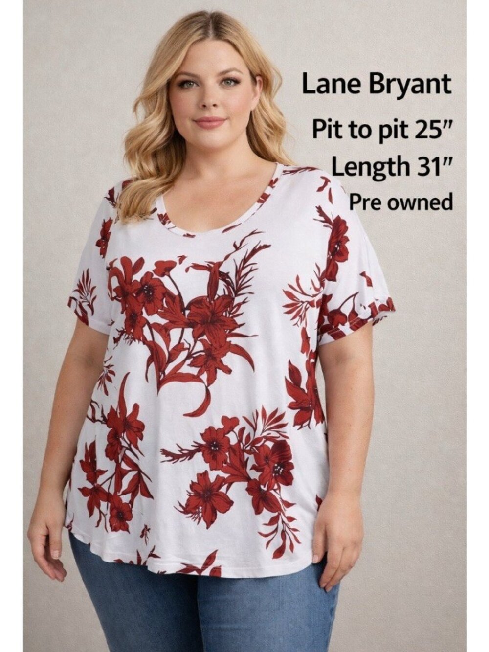 Lane Bryant Womens Plus Size 18/20 Floral Top scoop neck Red white s/s Casual
